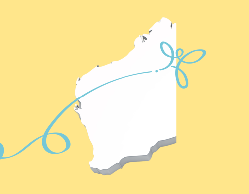 Outline of Western Australian map with a yellow background and a Butterjac graphic flying over it