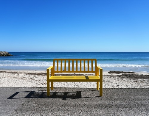 A yellow bench with a beach in the background